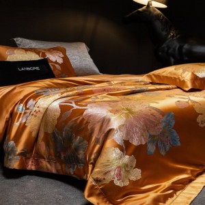 Gold Lyocell Cotton Satin Floral Yarn-dyed Jacquard Duvet Cover Smooth Bed Sheets Queen King 4PCS Home Bedding Set