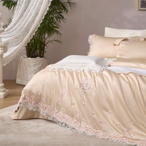 100S Long Staple Cotton Luxury Lace Embroidery Duvet Quilt Cover Bed Sheet Champagne Bedding Set