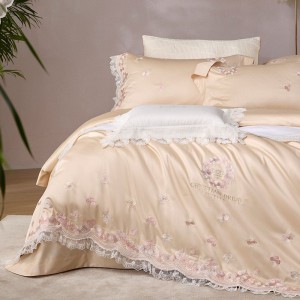 100S Long Staple Cotton Luxury Lace Embroidery Duvet Quilt Cover Bed Sheet Champagne Bedding Set