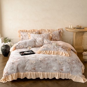 French style beige ruffles comforter duvet cover printing pillow shams milk velvet bedding set supplier