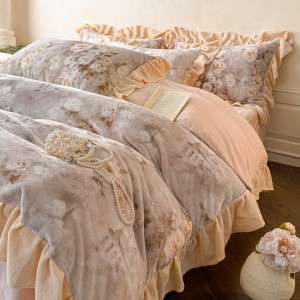 French style beige ruffles comforter duvet cover printing pillow shams milk velvet bedding set supplier