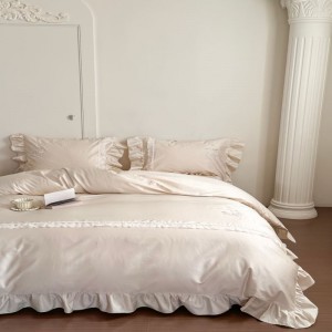 Cream yellow lace edge embroidery quilt cover breathable long staple cotton bed sheets bedding set