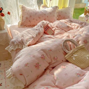 200g milk velvet floral plant duvet cover bed sheets lace edge pink 4pcs bedding set