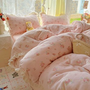 200g milk velvet floral plant duvet cover bed sheets lace edge pink 4pcs bedding set