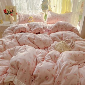 200g milk velvet floral plant duvet cover bed sheets lace edge pink 4pcs bedding set