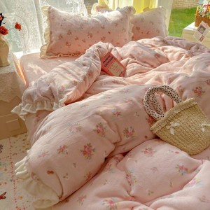 200g milk velvet floral plant duvet cover bed sheets lace edge pink 4pcs bedding set