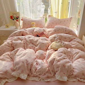 200g milk velvet floral plant duvet cover bed sheets lace edge pink 4pcs bedding set