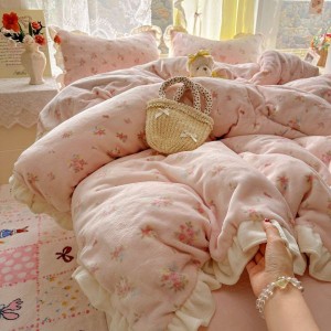 200g milk velvet floral plant duvet cover bed sheets lace edge pink 4pcs bedding set
