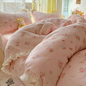 200g milk velvet floral plant duvet cover bed sheets lace edge pink 4pcs bedding set