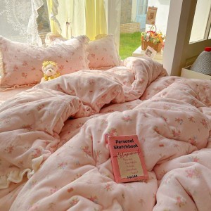 200g milk velvet floral plant duvet cover bed sheets lace edge pink 4pcs bedding set