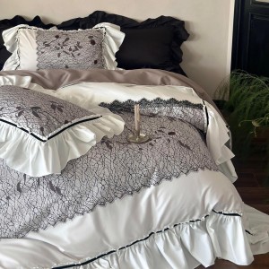 Premium quality 100s long staple cotton grey duvet cover digital printing lace bedding set supplier