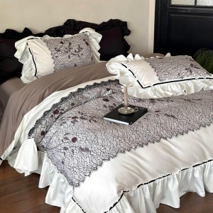 Premium quality 100s long staple cotton grey duvet cover digital printing lace bedding set supplier