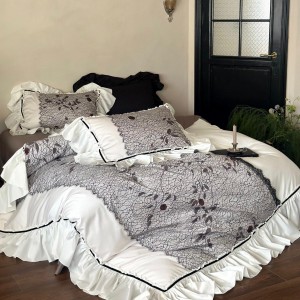 Premium quality 100s long staple cotton grey duvet cover digital printing lace bedding set supplier
