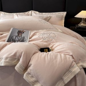 High-weight milk velvet floral plant embroidered duvet cover pink bed sheets 4pcs bedding set