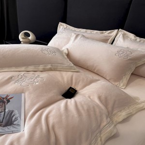 High-weight milk velvet floral plant embroidered duvet cover pink bed sheets 4pcs bedding set