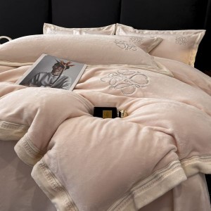 High-weight milk velvet floral plant embroidered duvet cover pink bed sheets 4pcs bedding set