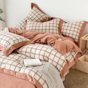 Hemp double-layer yarn plaid printed four-piece bedding set