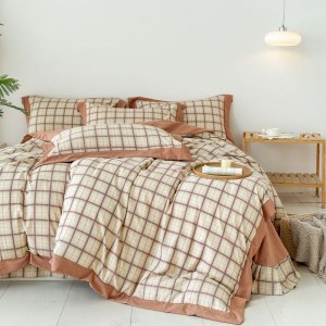 Hemp double-layer yarn plaid printed four-piece bedding set