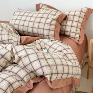 Hemp double-layer yarn plaid printed four-piece bedding set