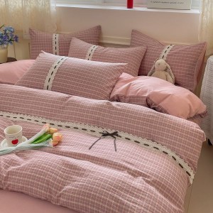 Cotton plaid printing quilt cover bed sheets pink pillowcases queen king bedding set wholesale