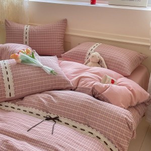 Cotton plaid printing quilt cover bed sheets pink pillowcases queen king bedding set wholesale