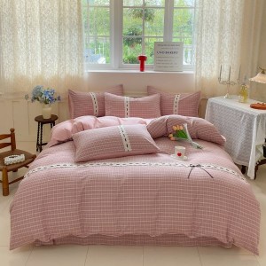 Cotton plaid printing quilt cover bed sheets pink pillowcases queen king bedding set wholesale