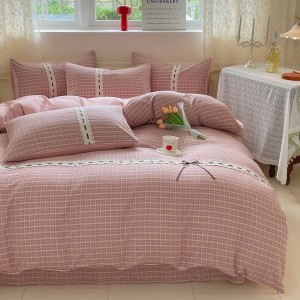 Cotton plaid printing quilt cover bed sheets pink pillowcases queen king bedding set wholesale