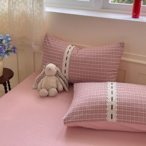 Cotton plaid printing quilt cover bed sheets pink pillowcases queen king bedding set wholesale