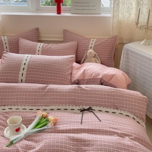 Cotton plaid printing quilt cover bed sheets pink pillowcases queen king bedding set wholesale