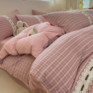 Cotton plaid printing quilt cover bed sheets pink pillowcases queen king bedding set wholesale