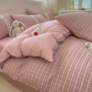 Cotton plaid printing quilt cover bed sheets pink pillowcases queen king bedding set wholesale