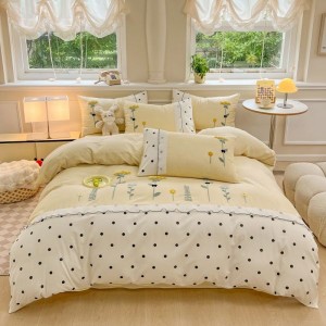 Light yellow floral and plant embroidered towels with wrinkled double-layer yarn cotton four-piece bedding set