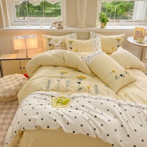 Light yellow floral and plant embroidered towels with wrinkled double-layer yarn cotton four-piece bedding set