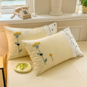 Light yellow floral and plant embroidered towels with wrinkled double-layer yarn cotton four-piece bedding set