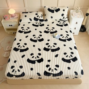 Cartoon panda printing fitted sheets 3pcs black rabbit velvet bed sheet set wholesaler