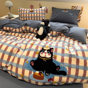 Pure cotton brushed towel embroidery duvet cover bed sheets plaid printing cartoon bedding set