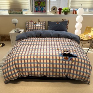 Pure cotton brushed towel embroidery duvet cover bed sheets plaid printing cartoon bedding set