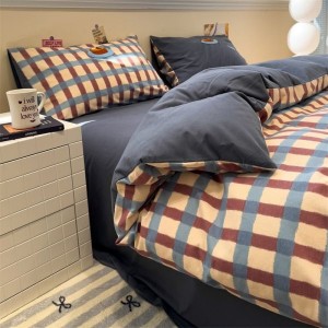 Pure cotton brushed towel embroidery duvet cover bed sheets plaid printing cartoon bedding set