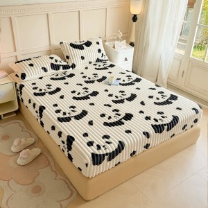 Cartoon panda printing fitted sheets 3pcs black rabbit velvet bed sheet set wholesaler
