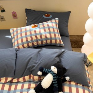 Pure cotton brushed towel embroidery duvet cover bed sheets plaid printing cartoon bedding set