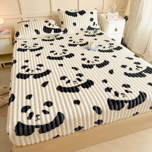 Cartoon panda printing fitted sheets 3pcs black rabbit velvet bed sheet set wholesaler