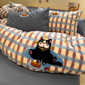 Pure cotton brushed towel embroidery duvet cover bed sheets plaid printing cartoon bedding set