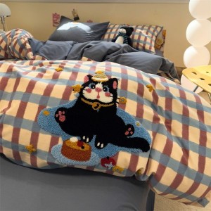 Pure cotton brushed towel embroidery duvet cover bed sheets plaid printing cartoon bedding set