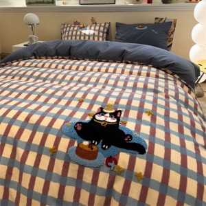 Pure cotton brushed towel embroidery duvet cover bed sheets plaid printing cartoon bedding set