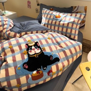 Pure cotton brushed towel embroidery duvet cover bed sheets plaid printing cartoon bedding set