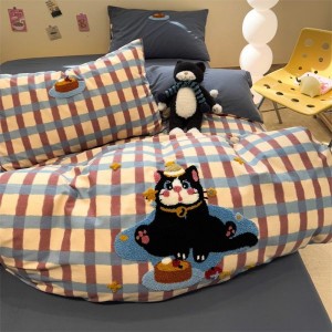 Pure cotton brushed towel embroidery duvet cover bed sheets plaid printing cartoon bedding set