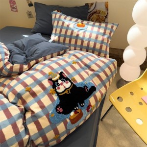Pure cotton brushed towel embroidery duvet cover bed sheets plaid printing cartoon bedding set