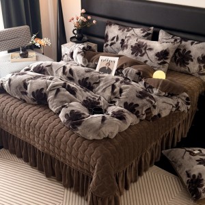 Brown milk velvet home textiles digital printing duvet cover 4pcs ruffles bedding set supplier