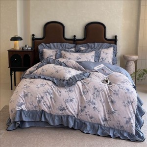 French style blue ruffles cotton digital printing comforter duvet cover 4pcs bedding set supplier