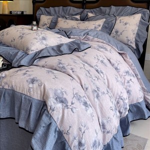 French style blue ruffles cotton digital printing comforter duvet cover 4pcs bedding set supplier